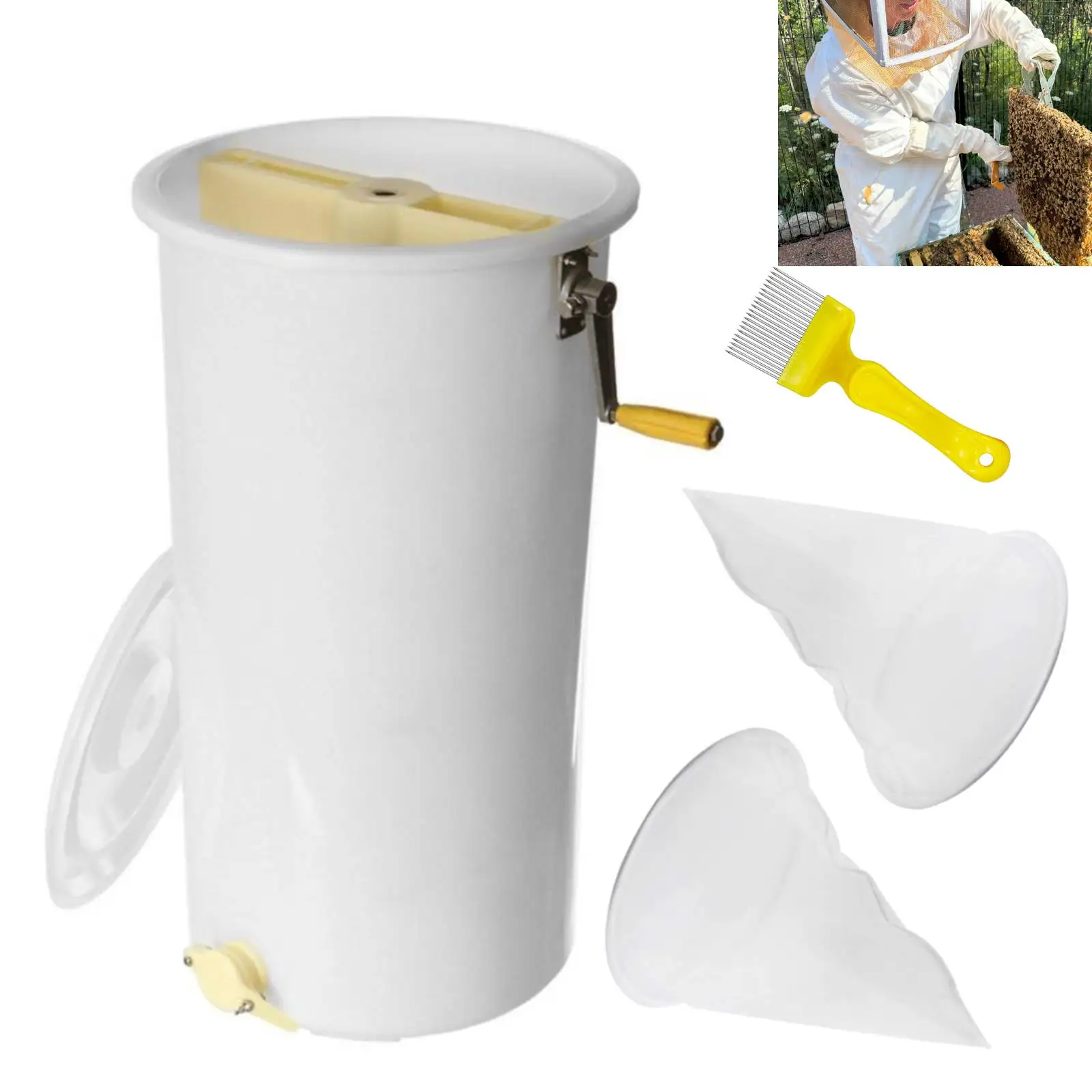 5-in-1 Manual Honey Extractor Set 2-frame Plastic Honey Extractor Uncapping Fork Cloth Honey Filter