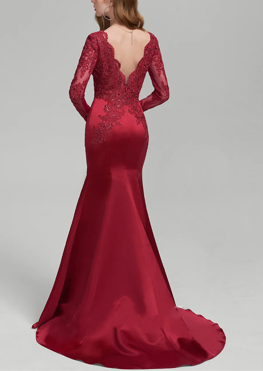 Vermelho sereia rendas sexy elegante vestido de noite de luxo cetim com decote em v varredura trem baile de formatura vestidos de festa feminino formales