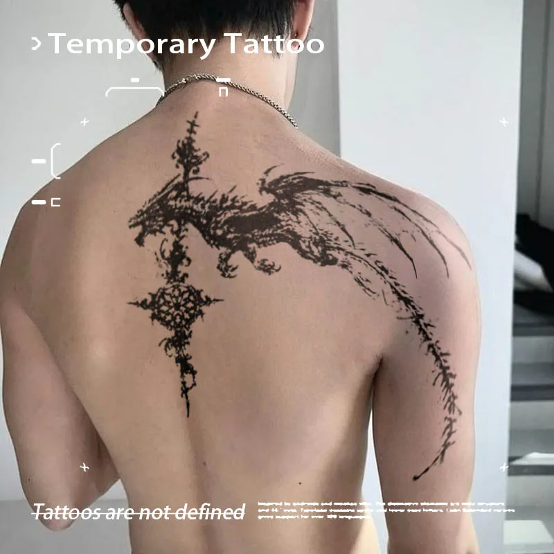

Herbal Juice Semi-Permanent Tattoo Sticker Black Dragon with Cross Waterproof Long Lasting Fake Tattoo for Back Body Art