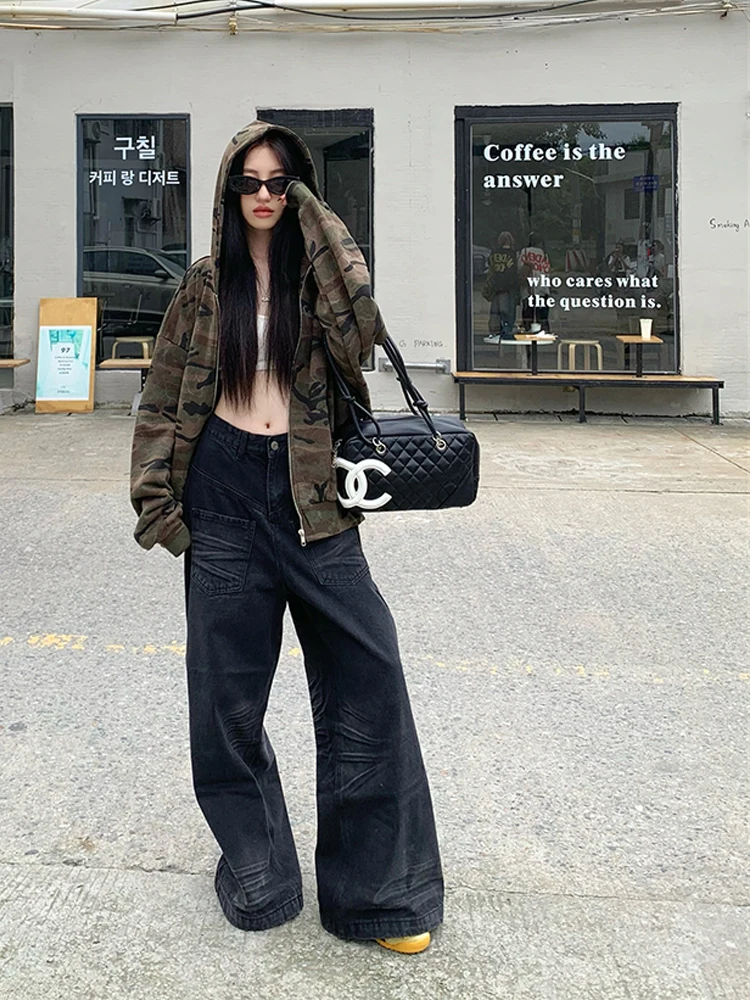 American style retro suit loose casual long sleeved camouflage jacket high waisted washed jeans women's spring two-piece set