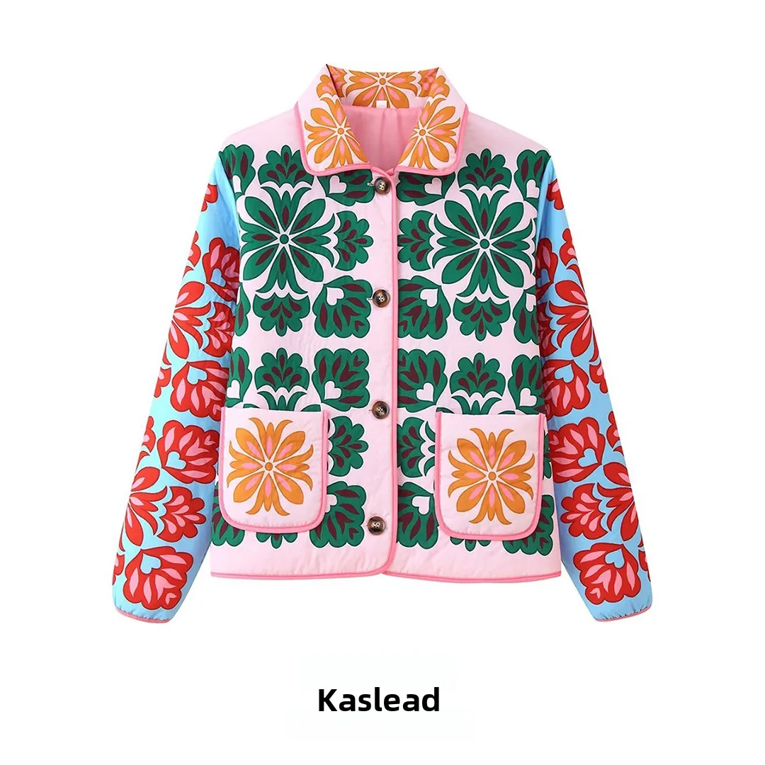

KASLEAD новая модная женская хлопковая куртка с простым принтом и длинным светом на пуговицах, верхняя одежда с цветочным узором