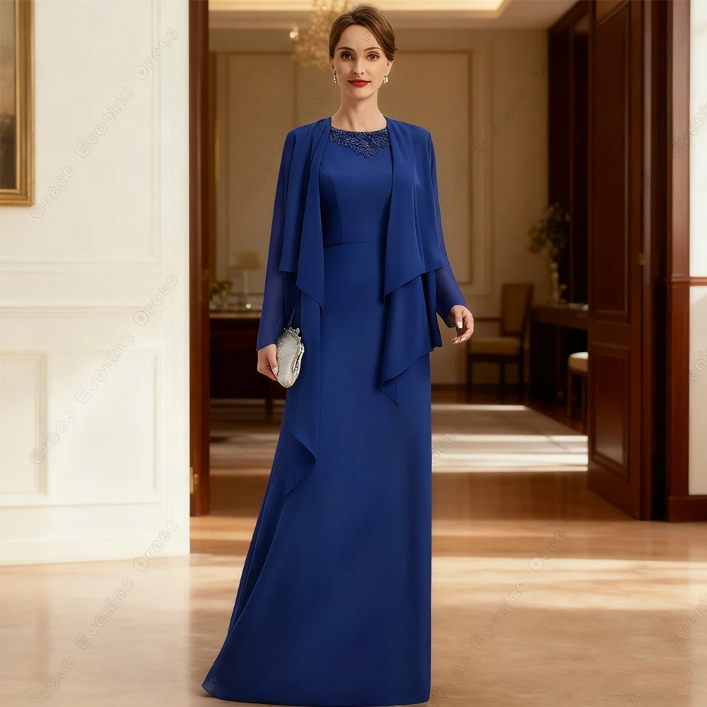 

Royal Blue Mother of Bride Dresses for Women Scoop Chiffon Wedding Party Dresses with Beading Full Sleeve Robe De Soirée 2025