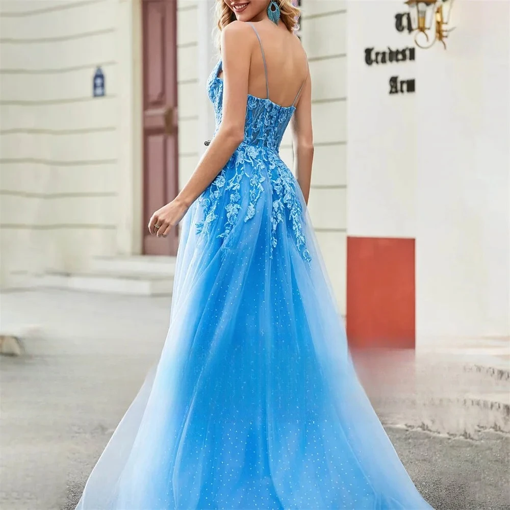 Tüll-Abendkleider für Damen, V-Ausschnitt, langes Ballkleid, Spitzenapplikation, formelle Partykleider, Robes de Soirée, Partykleid