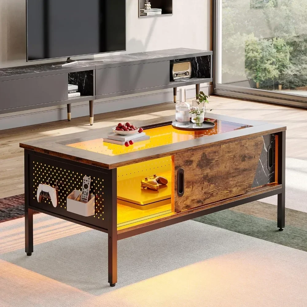 Mesa de centro LED con almacenamiento, mesa de café de vidrio para sala de estar con puertas correderas, 42 pulgadas