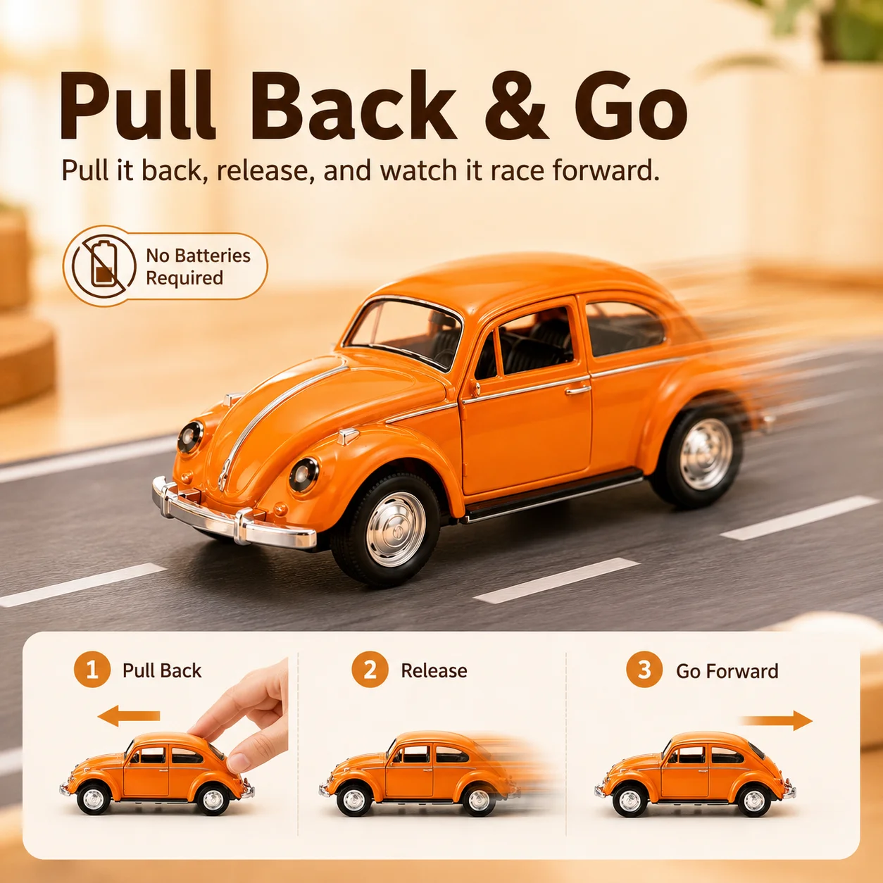 MQUDUO Modèle de voiture vintage en métal moulé sous pression de 10,5 cm, couleur orange, véhicule en alliage à rétrofriction avec portes ouvrables pour exposition sur bureau et collection
