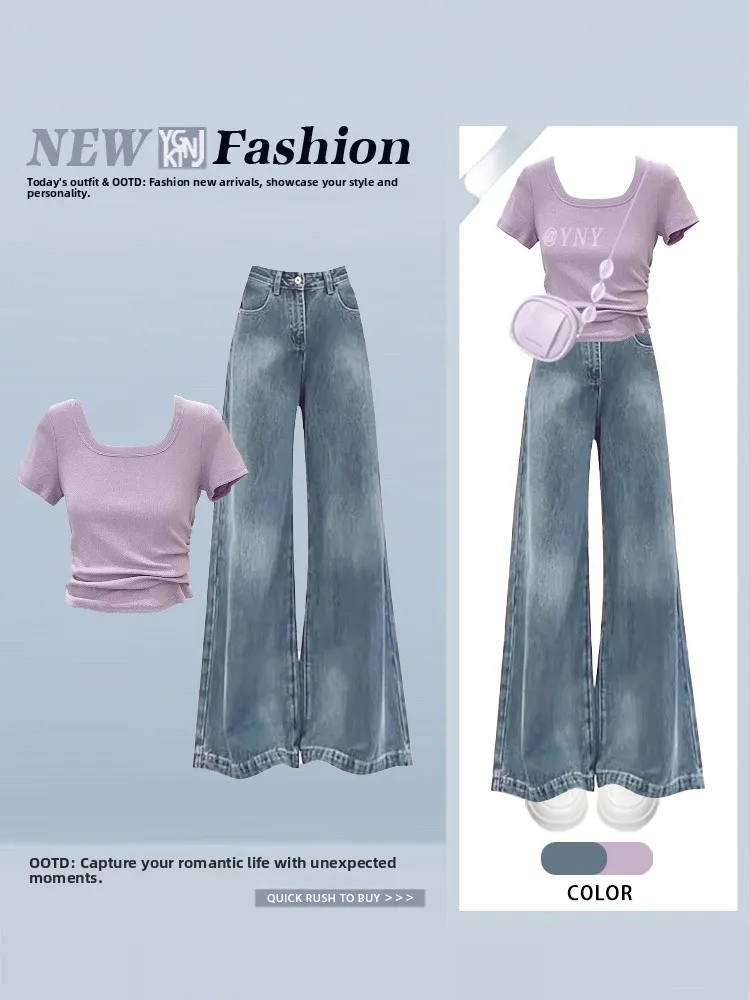 

Korean Gentle Sle Women's Faion Two-Piece Set ort Sve ort T-irt High Waist Slimming Jeans Long Pants Casual Wear