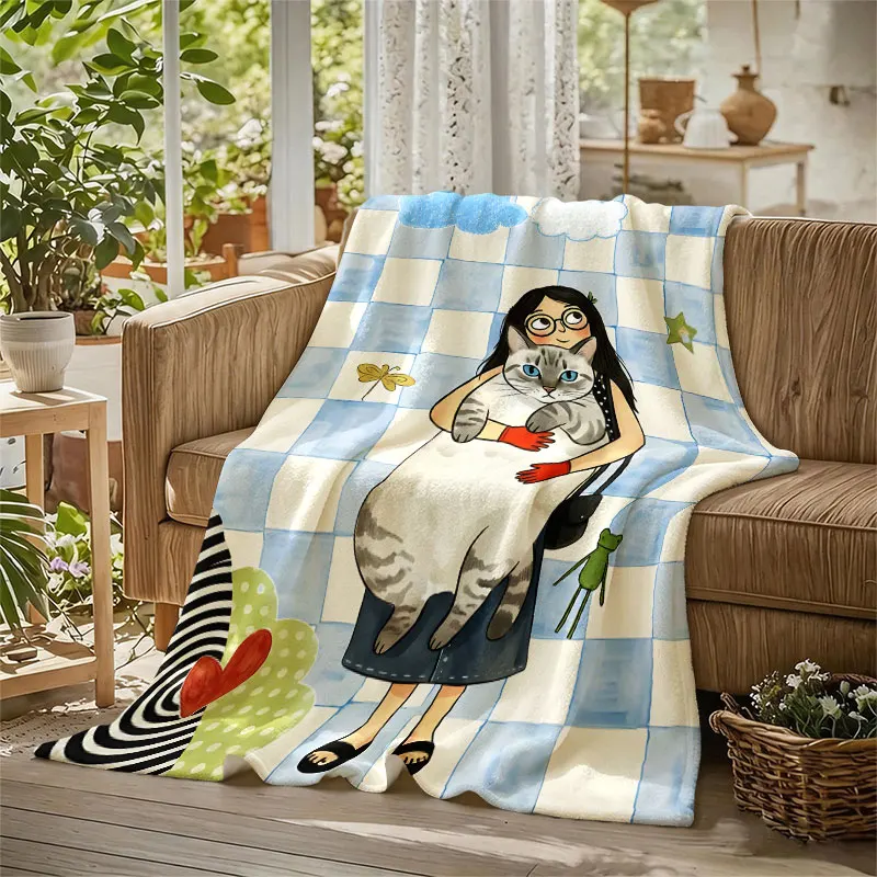 Girl Hugging Fat Cat Checker Flannel Blanket Perfect for Sofa Office Bed Travel Sleep Read Relax Camping Four Season Use
