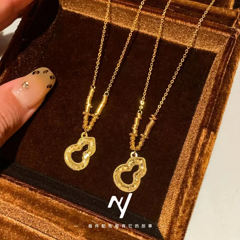 

Luxurious Women's 9999 24K Real Gold Car Flower Beads Crushed Ice Lucky Gourd Necklace Autumn and Winter High-end Accessories