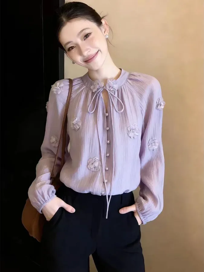 

Женская блузка свободного кроя с 3D-цветочным декором Gentle Breeze Purple, с длинными рукавами, для ранней весны, с эффектом похудения