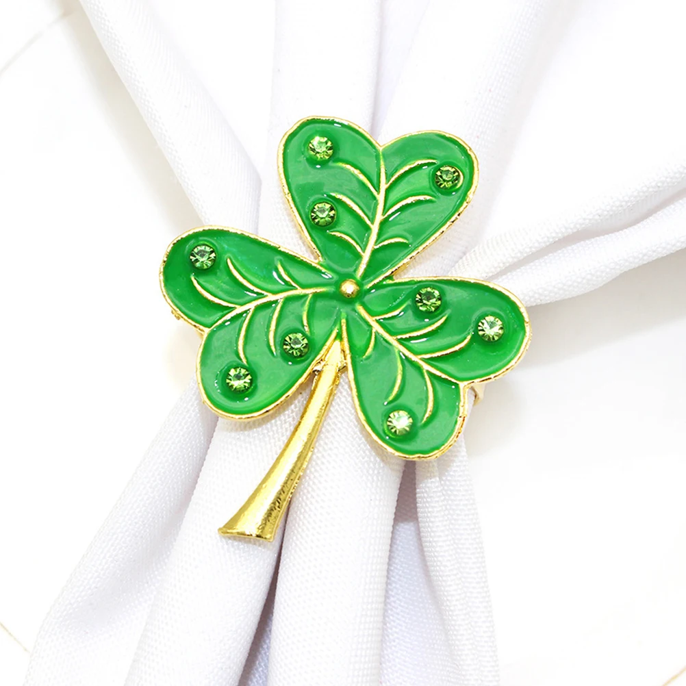 

4 Pcs Shamrock Napkin Rings Rhinestone Lucky Leaves Holders Patrick's Day Decorations Party Table Serviette Buckles