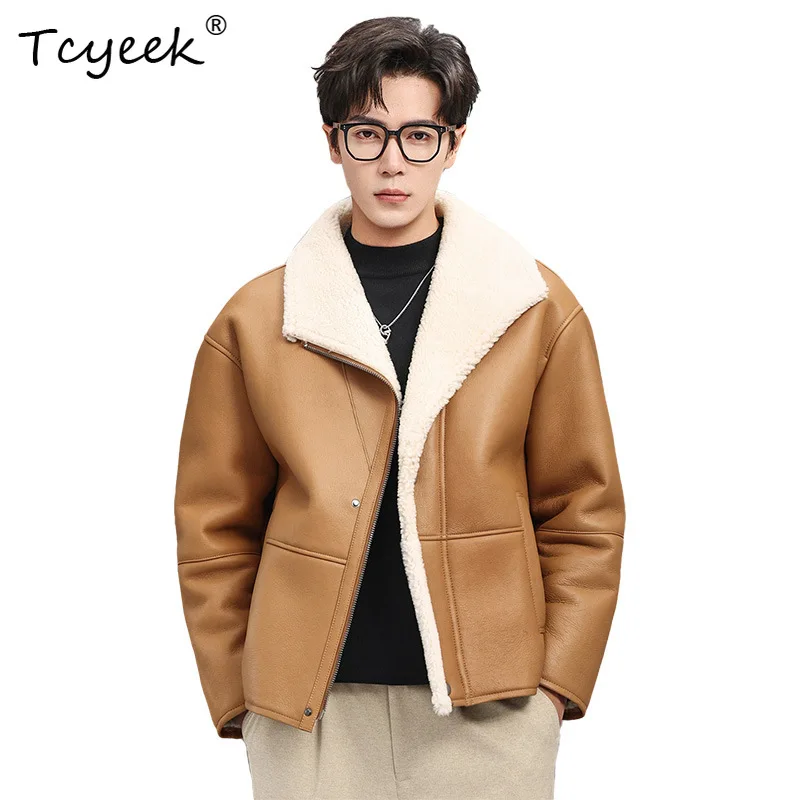 Tcyeek Natural Fur Coat Men Fashion Genuine Leather Jacket Warm Winter Clothes Merino Sheep Real Fur Coats Male Куртка Мужская