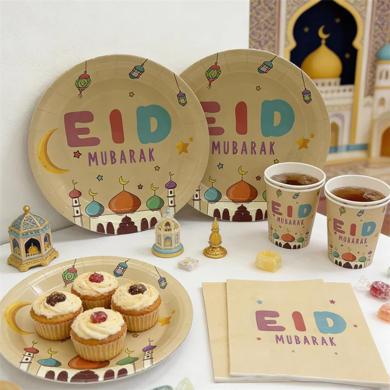Eid Mubarak Pappteller, Becher, Servietten Islamisches Muslimisches Festival Ramadan Einweggeschirr für Zuhause 2026 Eid al-Fitr Party-Zubehör