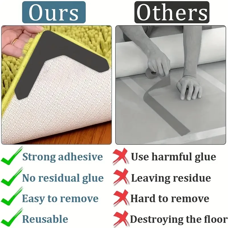 Reusable Washable Rug Corner Grippers Anti Slip Carpet Tape Non Skid Area Rug Pads Hardwood Floor Protection Fixed Mat Stickers