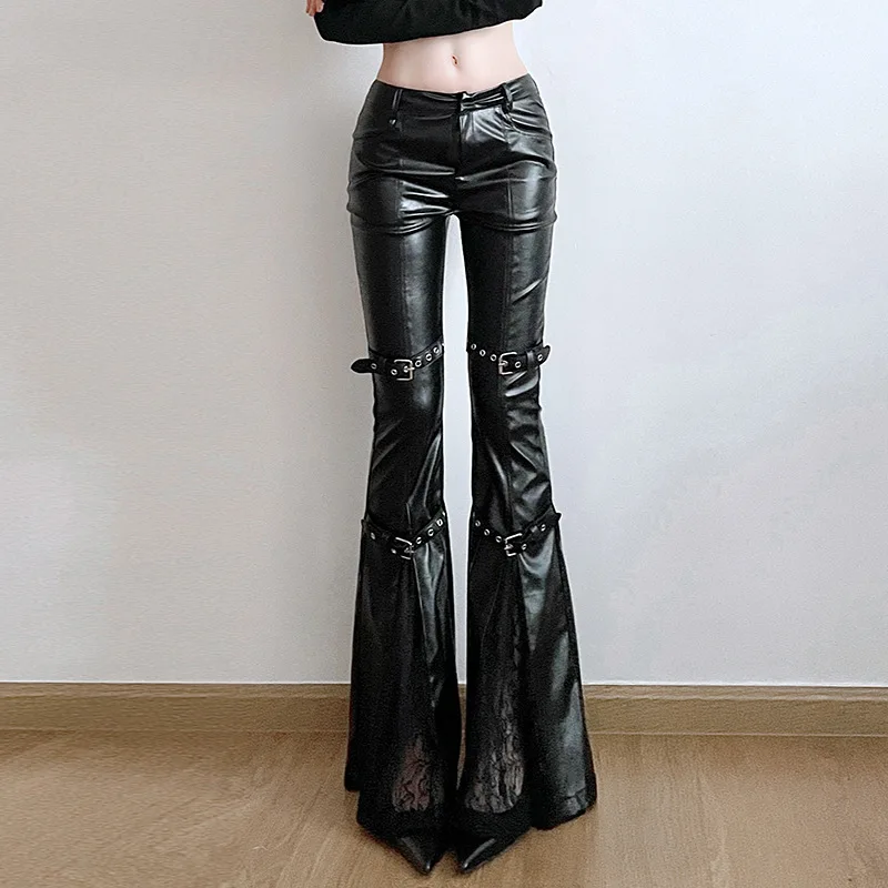 ONE TO WAN Lace Patchwork Lace-up High Street Hot Girl Leather Pant Fashion Handsome Street Personality Micro Flare Pants Female