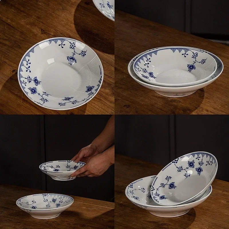 Home Vintage Tangcao Pattern Soup Bowl Noodle Bowl High Temperature White Porcelain Tableware Plate Ceramic White Dinner Plates