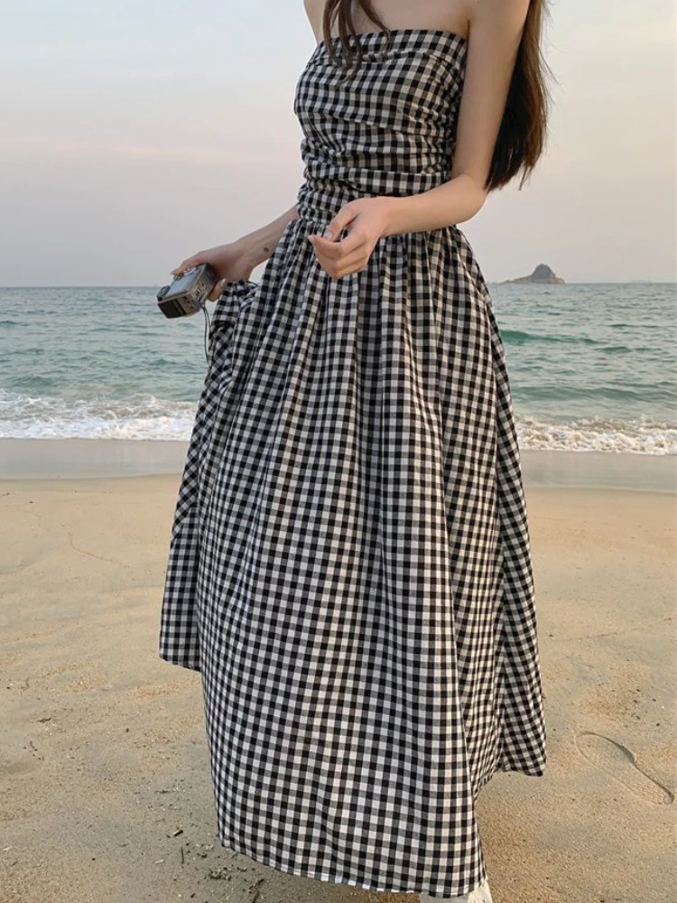 Sets Women Plaid Strapless Vintage Midi Dress Sunscreen Jackets Beach Style Backless Summer Elegant Fashion Mujer Travel Daily