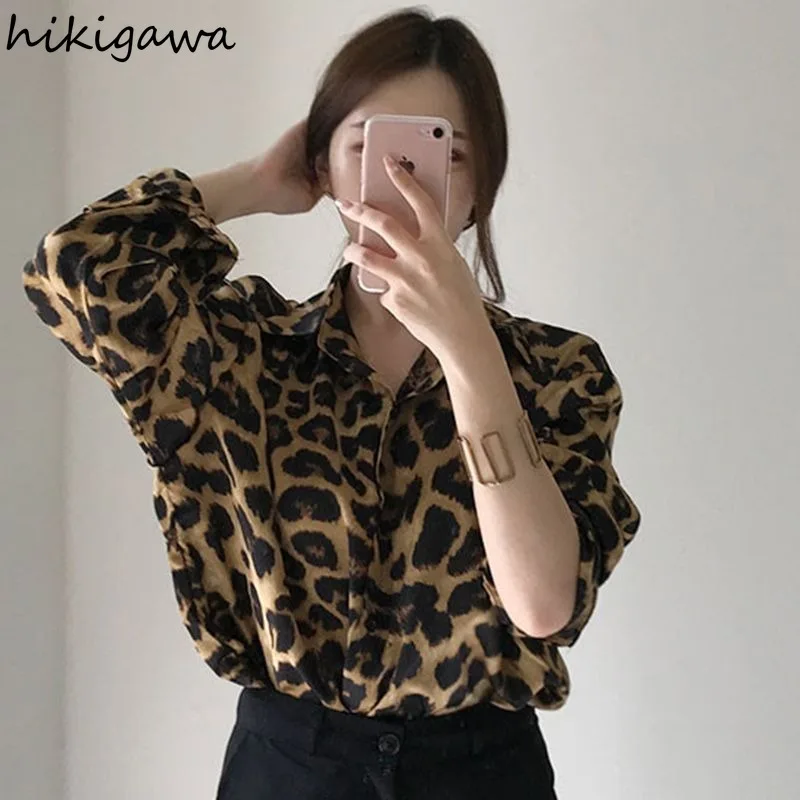 Retro Leopard Print Blouses Women Clothes Camisas De Mujer Long Sleeve Summer Korean Chic Shirts Casual Fashion Oversized Tops