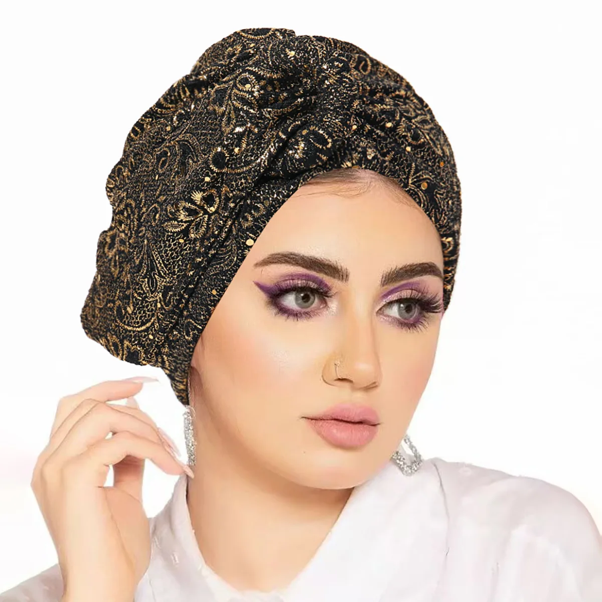 Neue Knoten Pailletten Plissee Hijab Kappe Muslimische Frauen Chemo Turban Stretchy Headwrap Schal für Haarausfall Mode Indische Femme Motorhaube – Detail 3