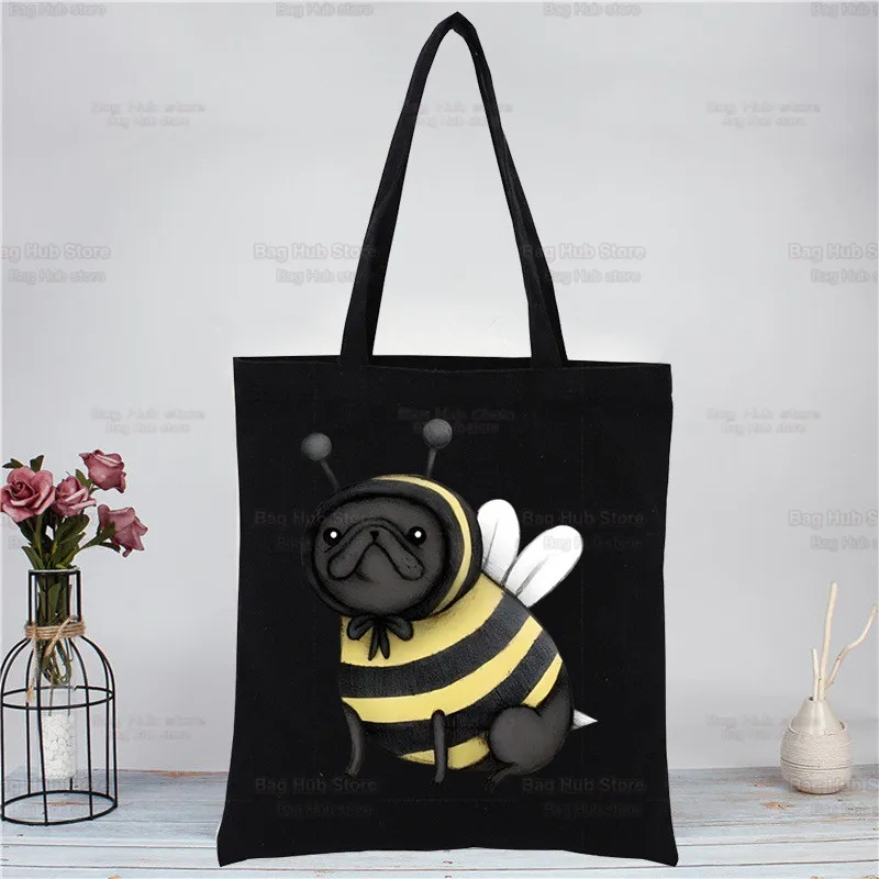 Pug Dog Harajuku Canvas Women's College Ulzzang Black Large Animal Pet Cartoon Capacity Casual Fashion Shoulder Bags