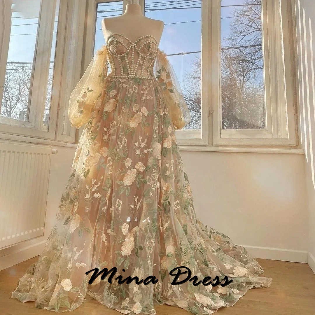 

Mina Customized Backless Party Dress for Wedding Dresses Flower 3D Puff Sleeves Strapless Luxurious Saudi Evening Dress Es Prom