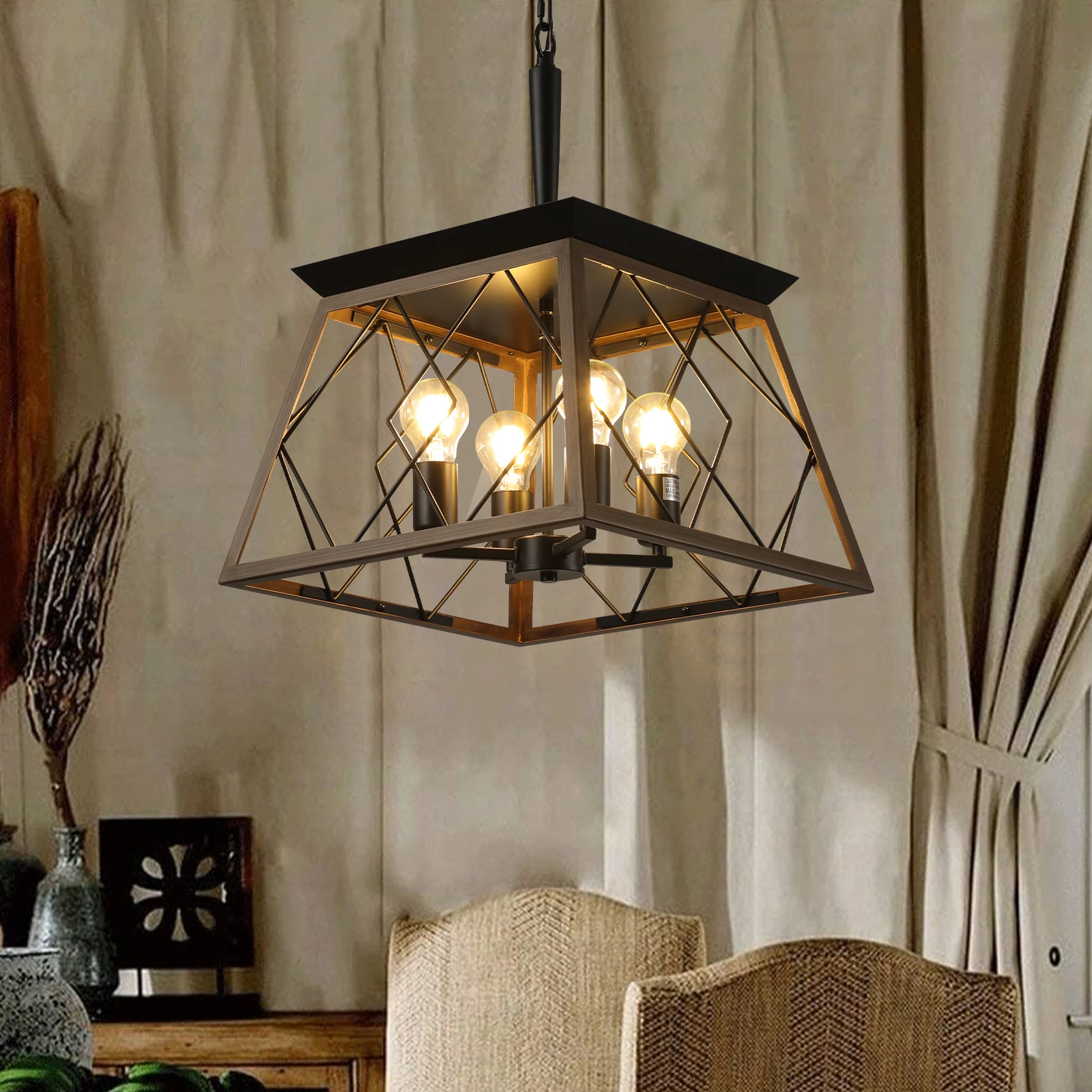 Farmhouse Chandelier 4-Light Retro Chandelier, Suitable for Kitchen, Dining Room, Living Room Walnut Color (No Bulbs)