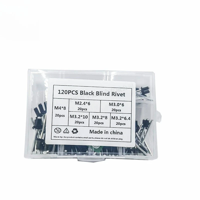 120Pcs/Box Black Aluminum Blind Rivets Assortment Kit, Decorative Pull Rivets M2.4 M3.2 M4 for Decoration