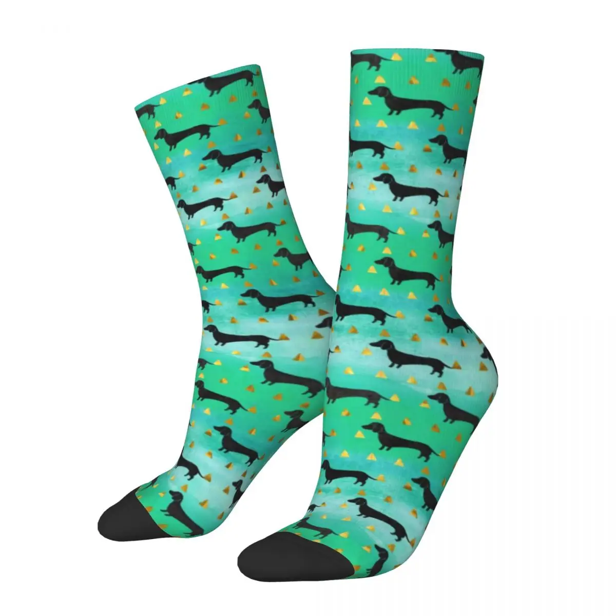 Dachshund Socks Green and Gold Dog Funny Stockings Winter Anti Sweat Women Men Socks Soft Graphic Climbing Socks