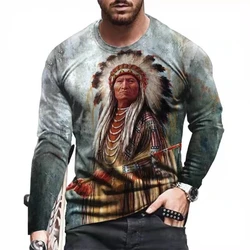 Native American Tribe Totem Mohican Chief 3D Harajuk Print Fashionable Long Sleeved Round Neck Casual T-shirt Tops