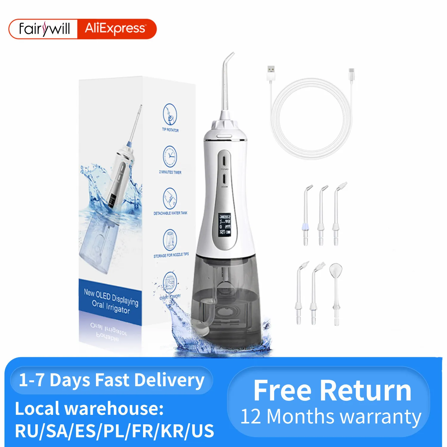 Fairywill Oral Irrigator OLED Display Water Flosser 5 Modes Portable Dental Water Jet 350ML Water Tank Teeth Cleaner USB Charge