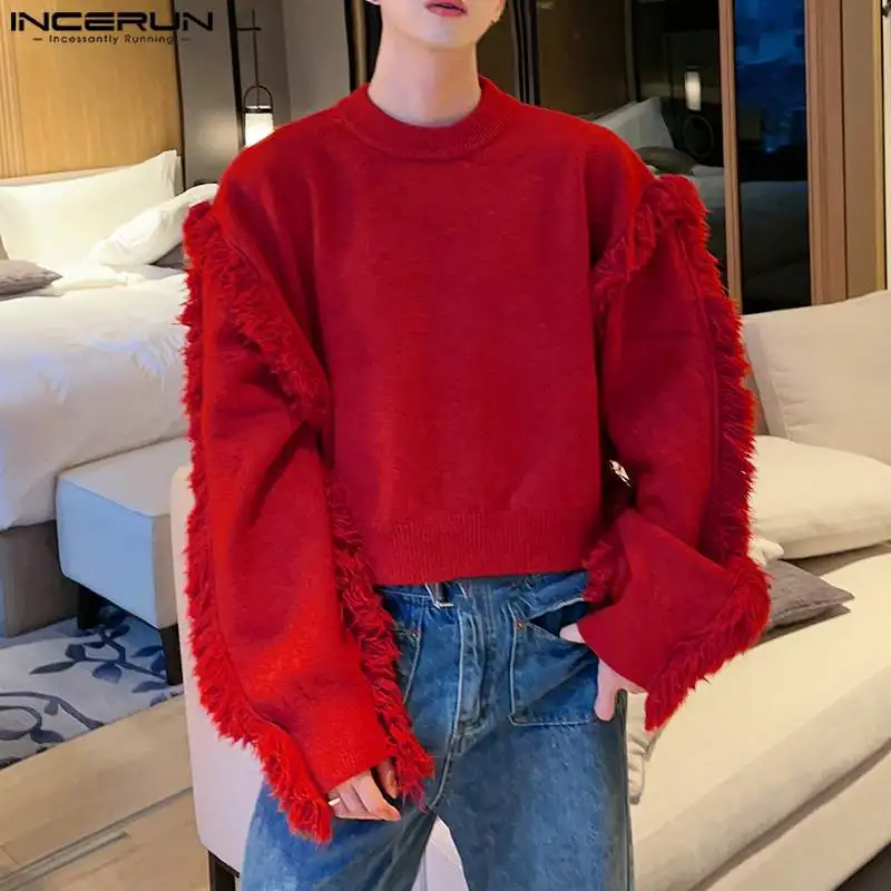 Casual Style Tops INCERUN 2024 New Men\'s Pullover Design Solid All-match Sweatshirts Tassels Trimmed Long Sleeved Sweaters S-5XL