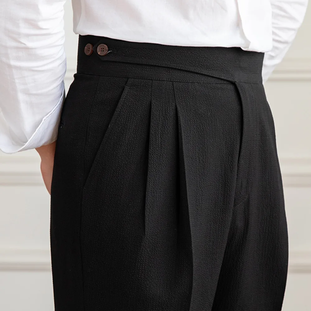 Luxury Seesucker Summer Casual Men Pants Italian Gorkha High Waisted Straight Suit Pant Black White Office Social MaleTrousers