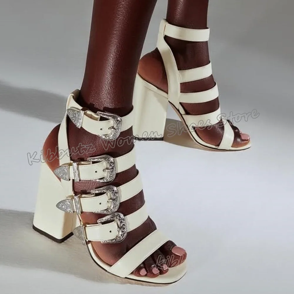 

Crystal Belt Buckle Sandals Glossy Square Toe Chunky Heels Genuine Leather Solid Color Fashion Elegant Concise Sexy Women Shoes