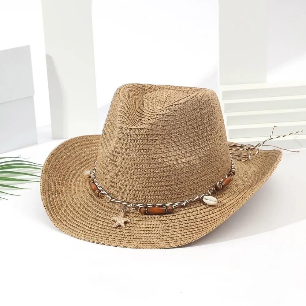 Western Style Acrylic Fibers Straw Cowboy Hat Conch Shell UV Protection Sun Hat Beaded Band Foldable Floppy Hat Beach