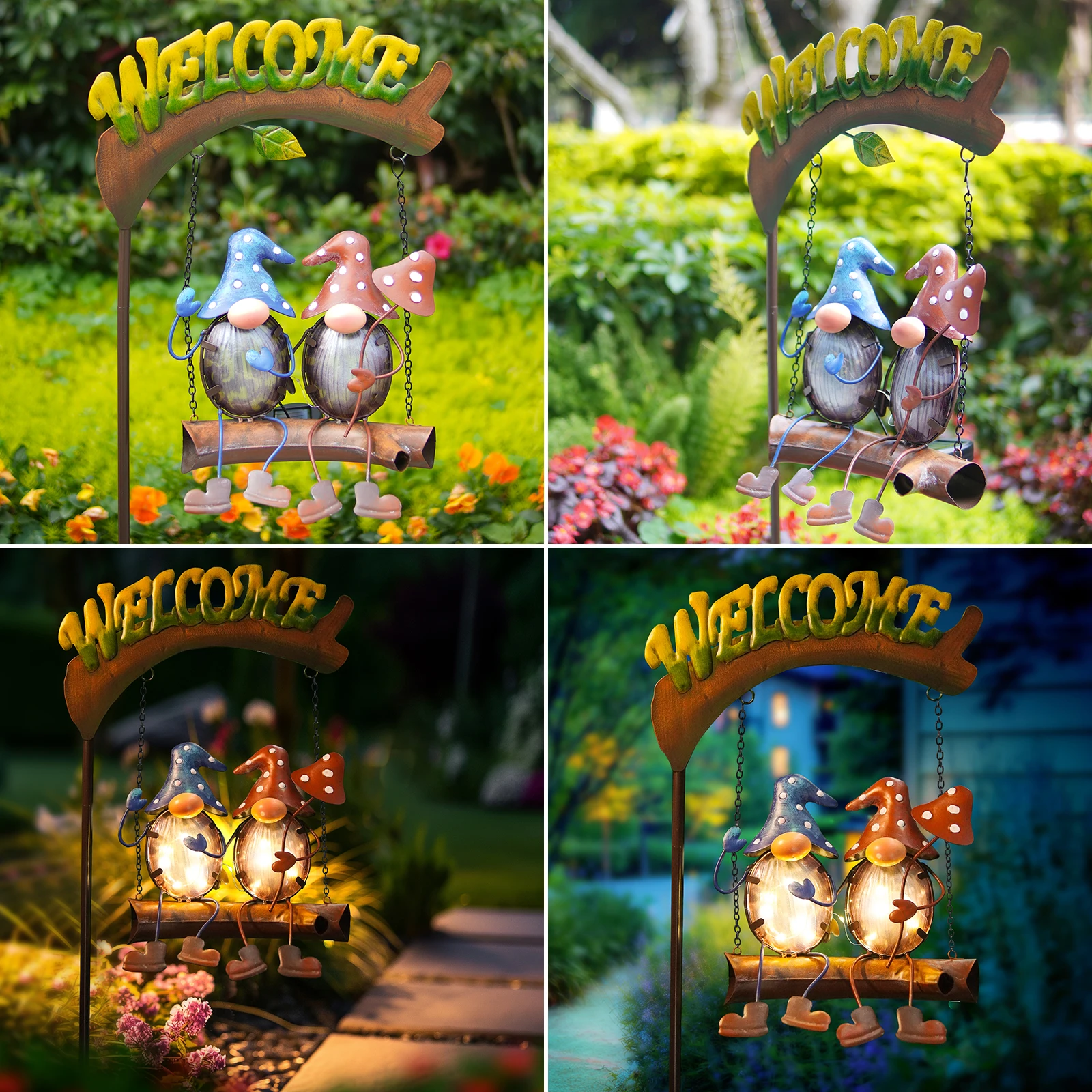 Solar Lights Outdoor Decor, Gnomes Swing Garden Decor, Funny Gifts for Women Mom, Gnomes Outdoor Decorations with Welcome Sign