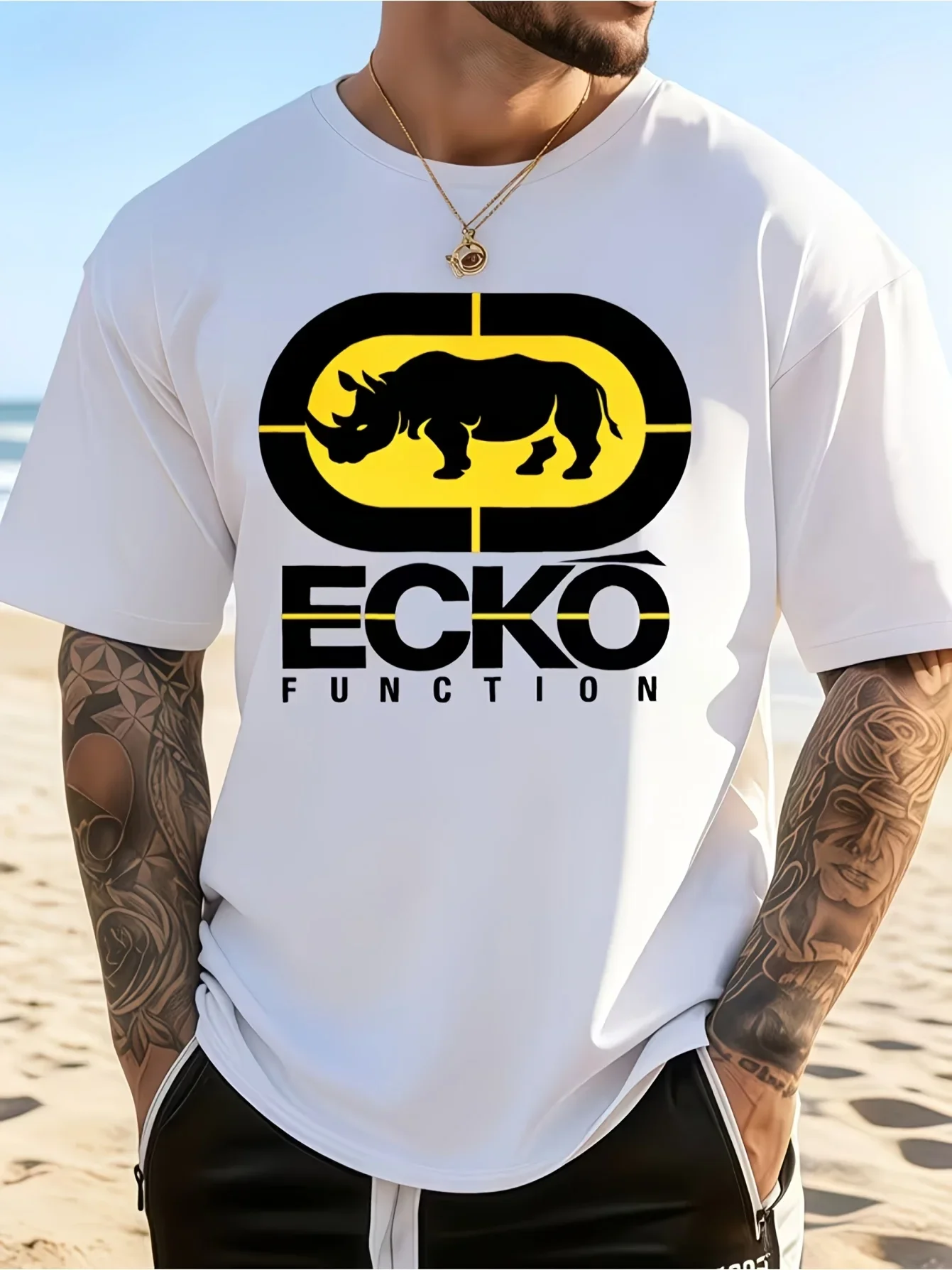 Men Ecko Function Yellow Black Split Oval Rhino Print T-Shirt Korea US Hot Techwear Crew Neck White Cotton Tee