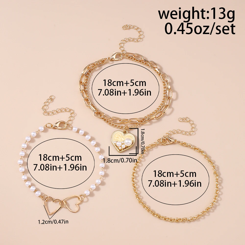 Aihua 3-teiliges Set Trendiges Goldfarbenes Ketten-Perlen-Herz-Armband für Damen, Modisches Mehrlagiges Armband & Armreif, Schmuckgeschenke – Detail 6