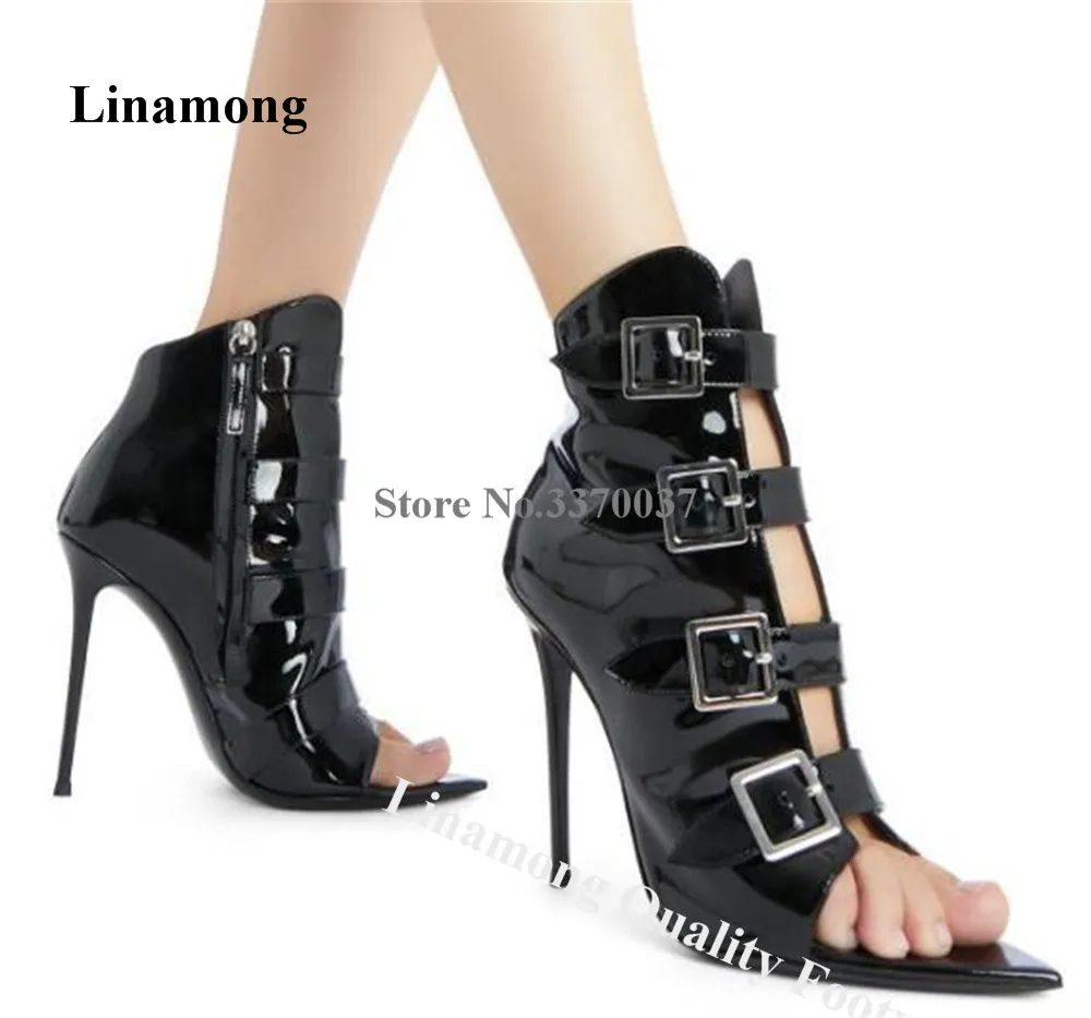 

Linamong Newest Black Patent Leather Stiletto Heel Short Boots Pointed Open Toe Metal Buckles Cut-out Thin Heel Ankle Booties