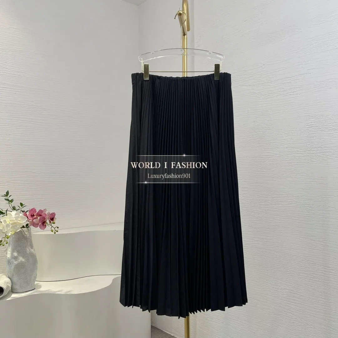 

2025 New Black Beige Pleat Midi Skirt for Women