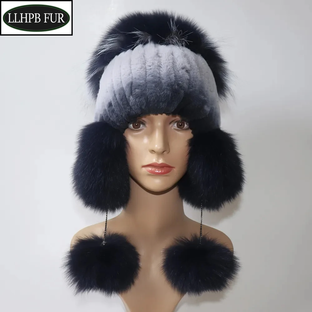 

Elastic Knitted Rex Rabbit Fur Beanies Handmade Real Fur Hat with Fox Fur Ears Genuine Fur Snow Cap Bonnets for Women Designer