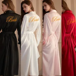 Sexy Long Bride Bridesmaid Robe Casual Embroidery Letter Sleepwear V-Neck Satin Wedding Bathrobe Gown Lingerie Soft Nightgown