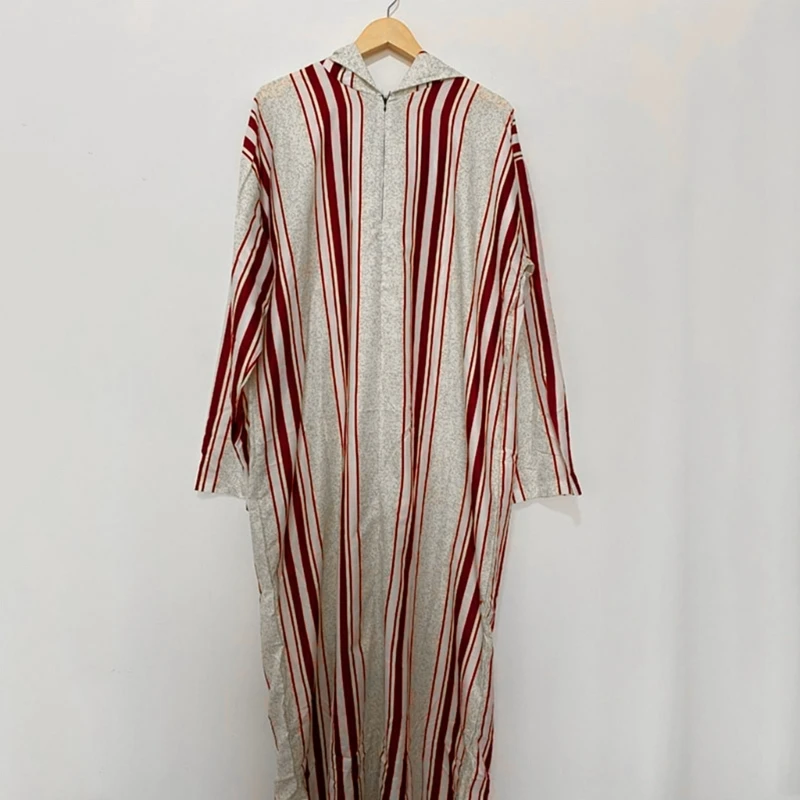 Stripe Long Sleeve Casual Abaya Muslim Dress Moroccan Ramadan Gown Shirt for Men