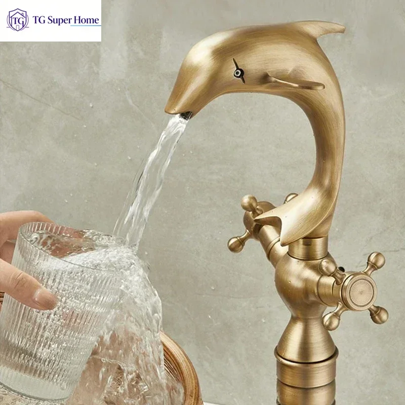Antique Dolphin shape Brass Faucet Bathroom cabinet counter Basin Cold and Hot Double handle Faucet splash-proof