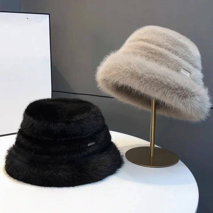 Shearling-Lined Thickened Fisherman's Hat Leather-Fur Stylish Versatile Bucket Hat Warm Winter Beanie