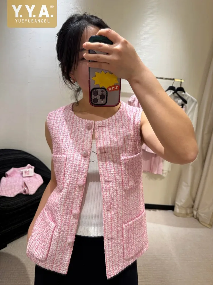 Ladies Fashion Tweed Vest Single Breasted O-Neck Weave Sleeveless Jacket Loose Fit Womens Spring Summer High Quality Waistcoat