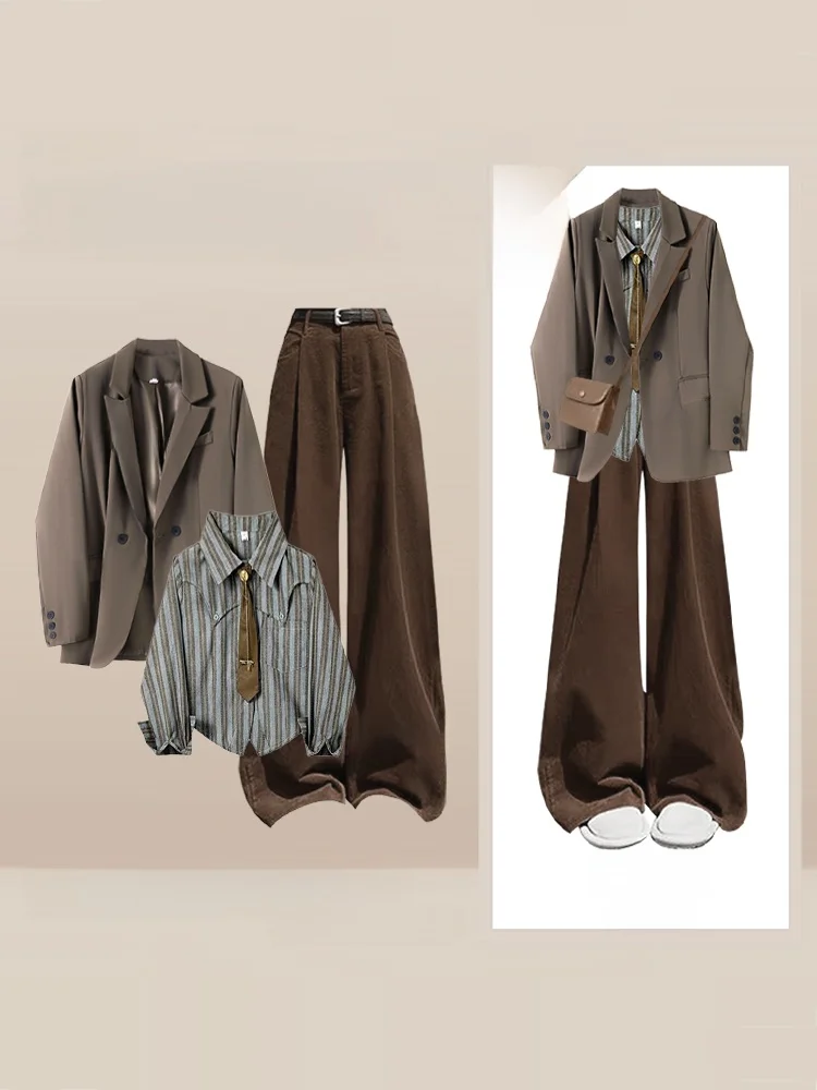 

Korean Sle High Waist Wide Leg Pants Tee Piece Set Women's Faion Striped irt Suit Autumn New Arrival Ele