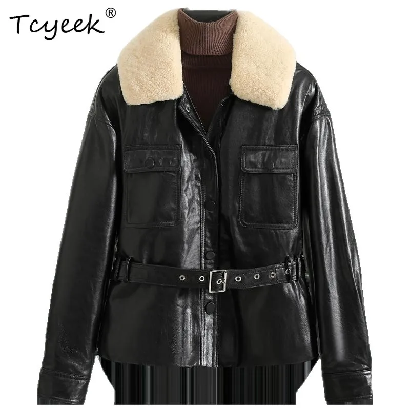 Tcyeek Real Leather Jacket Woman Warm Wool Collar Genuine Sheepskin Coat Women Clothes 90% White Goose Down Winter Coats Belt