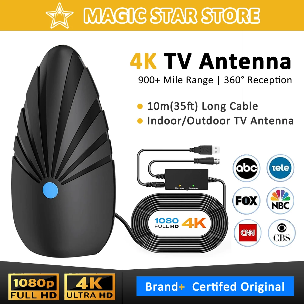 Antena de TV para Interiores y Exteriores, Antena Digital HD 4K de 360 Grados °   Recepción de Señal Omnidireccional para Zonas Rurales/Suburbanas con Señal Fuerte