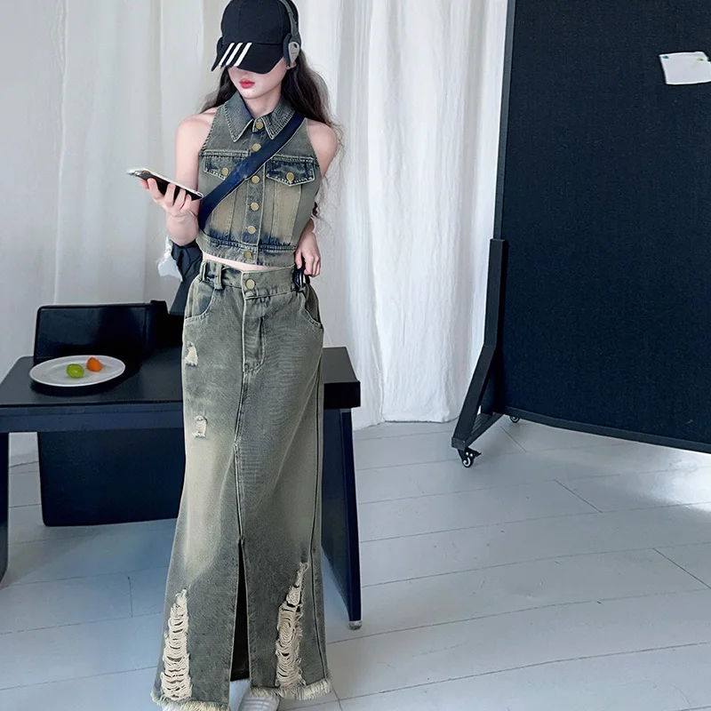 

High Fashion Kids Child Jeans Summer Suit Vest and Skirt 2 Pieces Clothing Set for Girls Cool Streetwear Cowgirl Denim Outfit