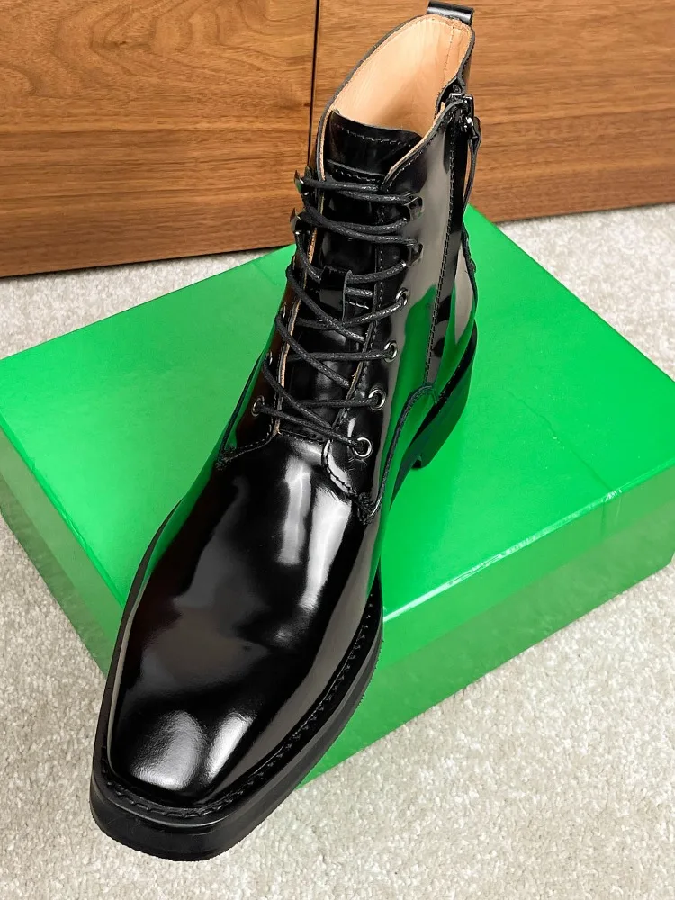 Trendy Men Glossy Black Cow Leather Square‑Toe Ankle Boots Lace‑Up Inner Side Zipper Thick Sole Urban Street Fashion Short Boots