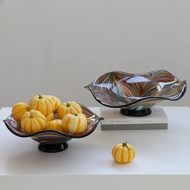 Colorful Stripes Glass Fruits Tray Wavy Edge Fruit Bowl Decorative Storage Trays Hotel Restaurant Fruit Plate Dessert Cutlery
